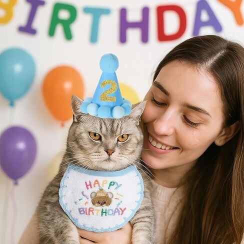 Cat Birthday Hat Outfit Party Decorations Set Bandana Scarf with Number, Party Hat Dog Costumes Cute Kitten Puppy Bib Scarf for Small Medium Cats & Doggy(Blue) in Saudi Arabia