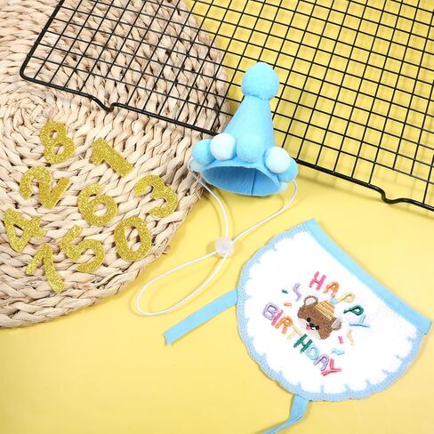 Cat Birthday Hat Outfit Party Decorations Set Bandana Scarf with Number, Party Hat Dog Costumes Cute Kitten Puppy Bib Scarf for Small Medium Cats & Doggy(Blue) in Saudi Arabia