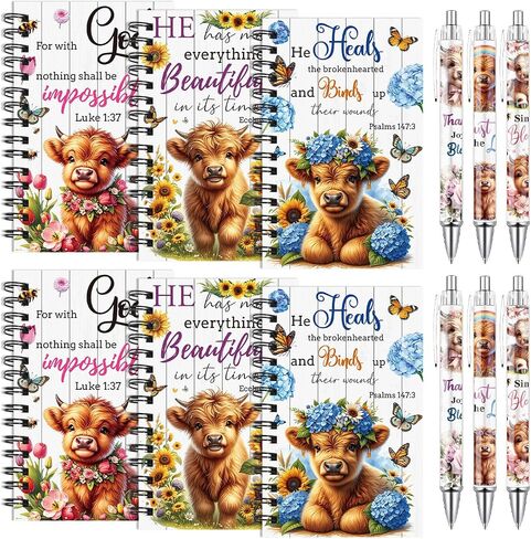 Wxiben Highland Cow Spiral Notebooks Set 12 Pieces Highland Cow Floral Journal with Ballpoint Pens Cute Cattle Hardcover Notebook Christian Inspirational Gift for Women Men School Office Supplies in Saudi Arabia