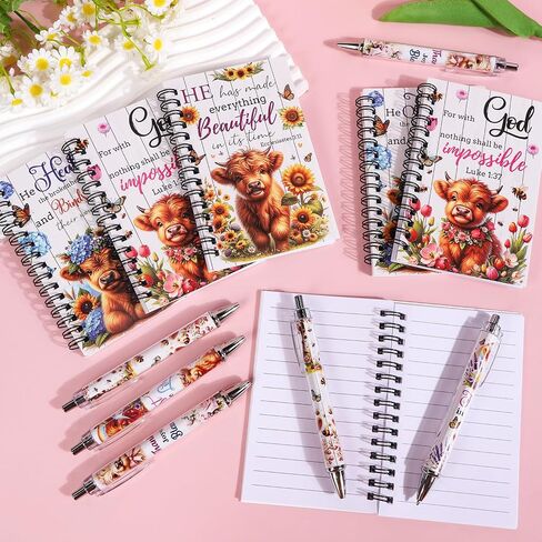 Wxiben Highland Cow Spiral Notebooks Set 12 Pieces Highland Cow Floral Journal with Ballpoint Pens Cute Cattle Hardcover Notebook Christian Inspirational Gift for Women Men School Office Supplies in Saudi Arabia