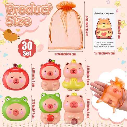 RoundFunny 30 Set Capybara Party Favors with Positive Cards & Bags, Mini Animal Squeeze Stress Balls Bulk Capybara Anxiety Relief Fidget for Kids Birthday Employee Appreciation Gifts (Character Mix) in Saudi Arabia