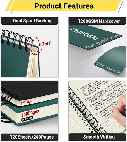 EUSOAR Black Spiral Notebook, 1 Pack A5 5.5"x8.3" Hardcover College Ruled Lined Journal, 240 Pages(120 Sheets) Writing Pads Professional Notebook for DIY Note Taking School Business Work Office Diary in Saudi Arabia