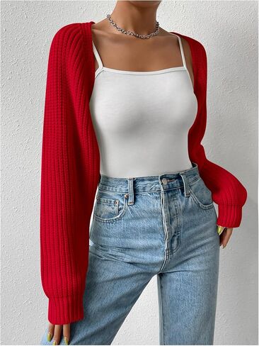 Verdusa Women's Long Sleeve Open Front Knitted Crop Cardigan Sweater Shrug Beige L in Kuwait