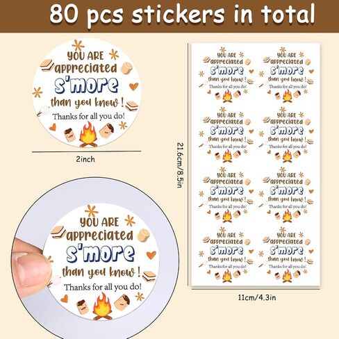 Serencatcher 80pcs s'more تقدير الموظف شكرا لك ملصقات 2 بوصة ، s'mores ملصقات مستديرة ذاتية الملصقات الختمات لصالح الحفلات الأكياس مظروف مدرس الأعمال الصغيرة فريق العمل in Kuwait