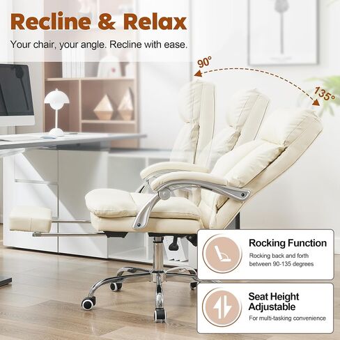 Qulomvs Big and Tall Leather Office Chair with Footrest, High Back Executive Desk Chair with Lumbar Support, Adjustable PU Leather Chairs, Reclining Ergonomic Computer Chair for Home Office (Brown) in Saudi Arabia