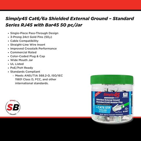 سيمبلي 45 مقابس معيارية معيار WE/SS RJ45 لموصل 24AWG Cat5e UTP صلب و28-26 AWG Cat5e/6 UTP مجدولة - لون ازرق، تصميم دبوس ثلاثي الشوك- 100 قطعة - S45-1000 in Kuwait