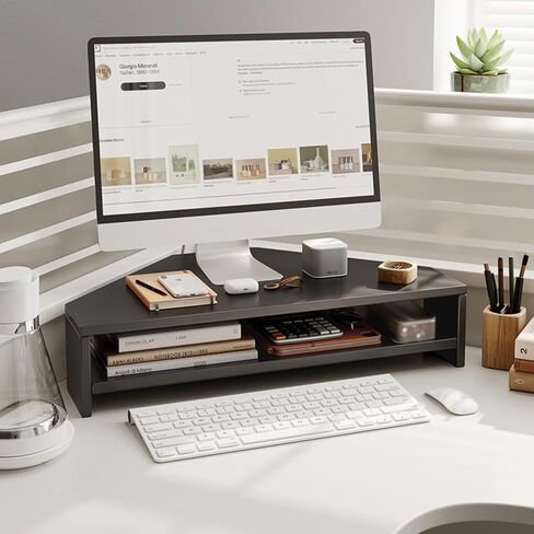 مراقب الزاوية موقف الخشب المثلث المثلث حامل كمبيوتر ، رصد ركن المكتب الناهض مع لوحة مفاتيح التخزين ＆ الماوس ، شاشة Stand Stand Office Workspace منظم (اللون: أسود ، الحجم: H-13cm (5 1/8 ") in Kuwait