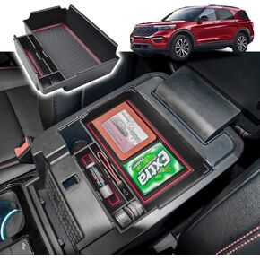 ترقية صينية تنظيم وحدة التحكم المركزية المتوافقة مع ملحقات Ford Explorer 2024 2023 2022 2021 2020، صينية مسند الذراع ABS فواصل وحدة التحكم، صينية حاوية صندوق تخزين ثانوية، أحمر in Kuwait