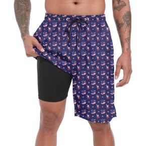 Mens Swim Trunks with Compression Liner 9" Stretch Board Shorts 2 in 1 Quick Dry Swimwear Bathing Suits