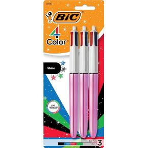 BIC 4-Color Shine Retractable Ball Pens, Fun Pink Metallic Barrel, Medium Point (1.0mm), 3-Count Pack, Retractable Ball Pen With Long-Lasting Ink