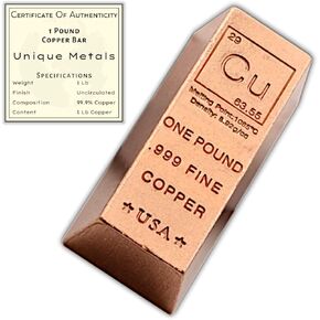 Unique Metals - 1 Pound Copper Bar Ingot Paperweight - 999 Pure Chemistry Element Design with Certificate of Authenticity
