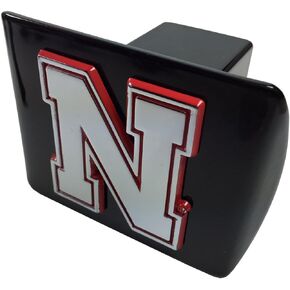 AMG University of Nebraska Metal Emblem (Chrome with red Trim) on Black Metal Hitch Cover (Iron N)