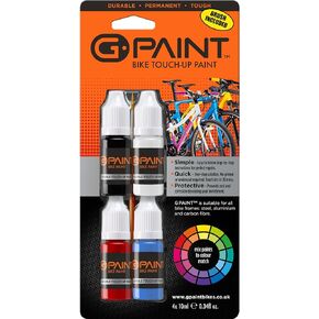 Bike Paint - Touch-Up Paint Kit for Scratched or Chipped Frames - 4 Pack of 10ml Bottles - Black/White/Red/Cyan. Mix to Color Match. Includes Applicator Brush, Durable, Permanent & Tough
