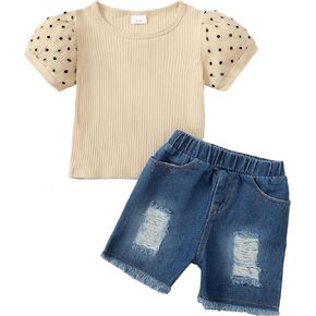 SUNNY PIGGY Girls Clothes Summer Little Girl Outfit Short Sleeve T-Shirt Jeans Shorts Clothing Set