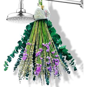 Eucalyptus for Shower with Lavender,Fresh Green Eucalyptus Stems with Dried Purple Flowers Mixed Bouquet,Hanging from Bathroom Spray Head with Twine,Scented Healing Bouquet,Eco-Green Decor
