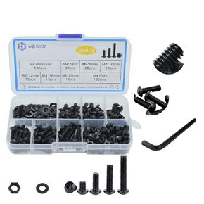300Pcs M4 Screw Assortment Button Head Socket Cap, M4*6mm, 8mm, 10mm, 12mm, 16mm, 20mm, Metric Bolts Nuts Washers Kit with 1 Hex Allen Wrench, Black Zinc Plated Anti Rust Upgrade