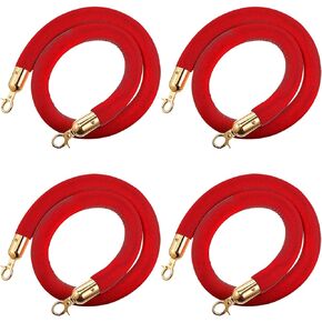 5 Ft Velvet Stanchion Ropes Red, 4 Pack Crowd Control Rope Safety Queue Barrier with Gold Hook, VIP Rope for Party Events Decor