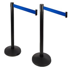 Retractable Belt Barrier 2pk, 40" Tall Crowd Control Stanchion Post, 10’ Long Black Belt/Black Visiontron Prime Steel Queue Pole, Self-Straightening No-Tools Assembly