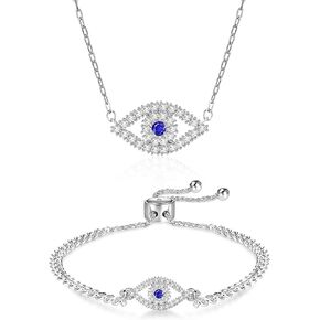 Apsvo Dainty Evil Eye Bracelet Necklace Set Blue Turkish Evil Eye Bracelet Necklace for Women Girls Third Eye Trendy Protection Jewelry