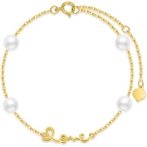 SISGEM Solid 14K Gold Pearls Bracelet for Women Girls,Yellow Gold LOVE Drop Bracelets Station Hand Link Jewelry Valentine's Day Birthday Gifts for Wife Girlfriend 6.5''+2''