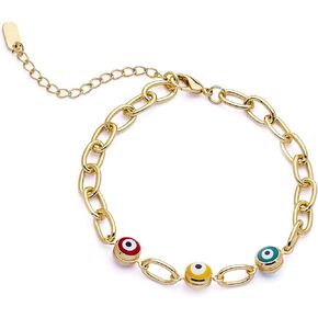 14K Yellow Gold Plated Evil Eye Bracelets, Charm Enamel Evil Eye Protection Link Chain Bracelet, String Evil Eye Bracelets with Gift Box