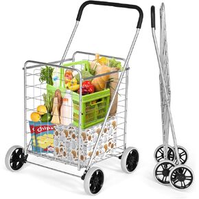 IRONMAX Grocery Shopping Cart, Foldable Heavy Duty Utility Cart w/Large Wheels for Easy Installation and Removal, Lightweight Trolley Cart for Grocery Laundry Luggage (Black)