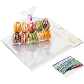 TATTI 100 Pack Clear Plastic Large Cellophane Bags 12x16 With 4inches Twist Ties, Plastic Cello Bags 1.4 mils for Cookies Candy Gift Birthday Party Favor (Pack of 100)