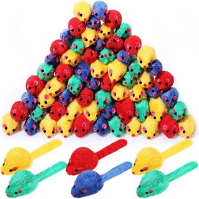 Sosation 100 Pcs Fur Cat Mouse Toys Assorted Interactive Bulk Cat Toys Rattle Sound Mice for Kitten Catch Play Indoor Interactive(Vivid)