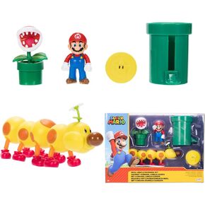 Nintendo Super Mario Soda Jungle Diorama Includes 3 Figures and 2 Accessories: 2.5-Inch Mario, Wiggler, Piranha Plant, Warp Pipe, Coin. Ages 3+ (Officially Licensed)