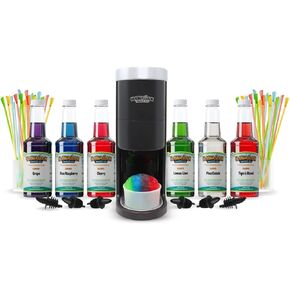 Hawaiian Shaved Ice HomePro Shaved Ice and Snow Cone Machine Kit, 6-16oz. Syrup Flavors Cherry, Grape, Blue Raspberry, Tiger’s Blood, Lemon-Lime, Pina Colada, 50 spoon straws, 6 black pour spouts