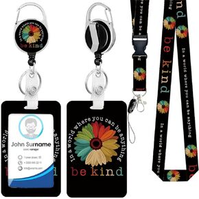 Id Badge Holder with Lanyard, Positive Badge Holder with Reel Retractable Detachable Name Card Tag Vertical ID Protector Badge Reel for Nurse Doctor Office Employees Women (Be Kind)