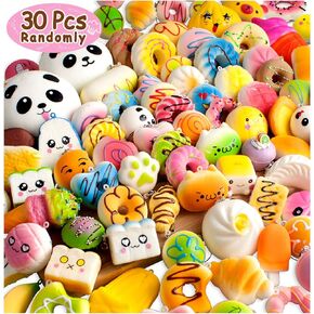BUDI Upgraded Coluans 30Pcs Kawaii Squishies Random Super Slow Rising Squeeze Fidget Toy Bun Phone Straps Stress Relief Toys for Adults Birthday Favors for Kids Treasure Box Pinata Pretend Play
