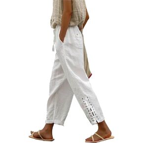 BIRW Womens Linen Pants with Pockets High Waist Comfy White Gauze Pants Casua Lightweight Loose Trousers