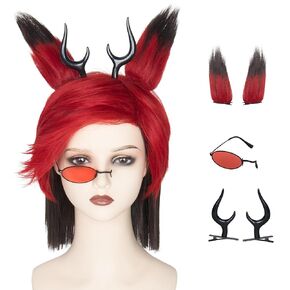 Miss U Hair Men Short Red Brown Wig with Detachable Ears Black Horns and Red Monocle Anime Cosplay Wig Outfit