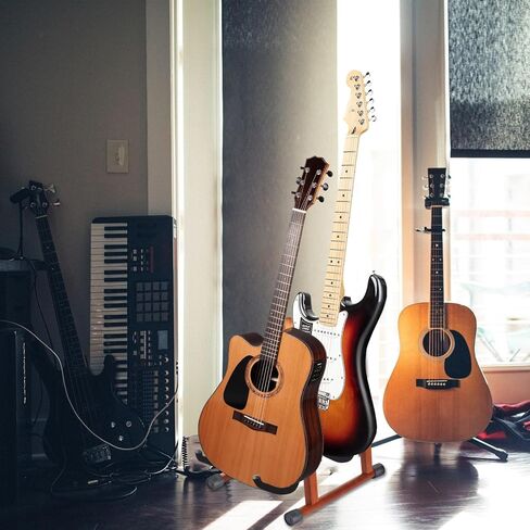 حامل جيتار مزدوج من MOREYES، حامل جيتار خشبي على الأرض للقيثارات المتعددة، القيثارات الصوتية، الجهير، الجيتار الكهربائي، حامل جيتار صوتي قابل للطي على شكل حرف A، سهل التجميع، محمول للسفر in Kuwait