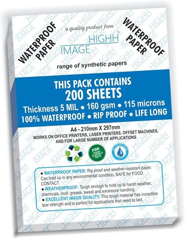 WATERPROOF PAPER | 200 SHEETS, THICKNESS 5 MIL 110 LB, SYNTHETIC PAPER, 8.5X11 from HIGHH IMAGE | PRINT WITH LASER PRINTERS | OFFICE PRINTERS in Kuwait