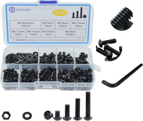 300Pcs M4 Screw Assortment Button Head Socket Cap, M4*6mm, 8mm, 10mm, 12mm, 16mm, 20mm, Metric Bolts Nuts Washers Kit with 1 Hex Allen Wrench, Black Zinc Plated Anti Rust Upgrade in Saudi Arabia