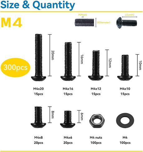 300Pcs M4 Screw Assortment Button Head Socket Cap, M4*6mm, 8mm, 10mm, 12mm, 16mm, 20mm, Metric Bolts Nuts Washers Kit with 1 Hex Allen Wrench, Black Zinc Plated Anti Rust Upgrade in Saudi Arabia