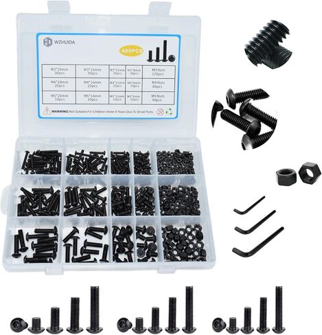 300Pcs M4 Screw Assortment Button Head Socket Cap, M4*6mm, 8mm, 10mm, 12mm, 16mm, 20mm, Metric Bolts Nuts Washers Kit with 1 Hex Allen Wrench, Black Zinc Plated Anti Rust Upgrade in Saudi Arabia