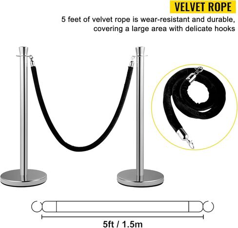 VEVOR Stanchion Post مع حبل مخملي، 6 عبوات من دعامات التحكم في الحشود مع 6 قطع من الحبال المخملية السوداء بطول 5 أقدام، مقسم خط حاجز طابور مطلي بالخبز من الفولاذ الكربوني وقاعدة بلاستيكية قابلة للملء لحفل الزفاف in Kuwait