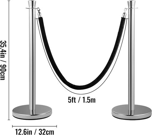 VEVOR Stanchion Post مع حبل مخملي، 6 عبوات من دعامات التحكم في الحشود مع 6 قطع من الحبال المخملية السوداء بطول 5 أقدام، مقسم خط حاجز طابور مطلي بالخبز من الفولاذ الكربوني وقاعدة بلاستيكية قابلة للملء لحفل الزفاف in Kuwait