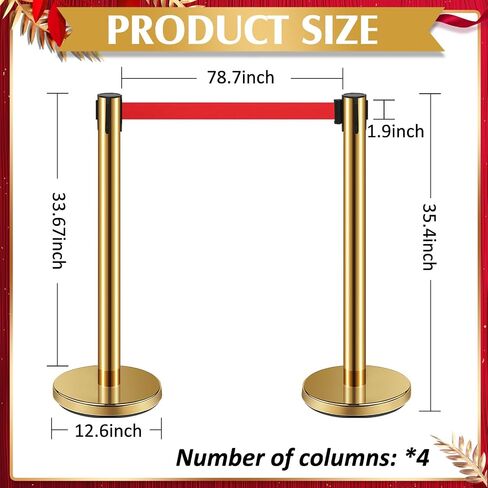 Ferraycle 4 Set Stainless Steel Stanchions with Retractable Belts Crowd Control Ropes and Poles Safety Crowd Control Barriers Queue Line Dividers for Crowds Gold Stanchion Post with Red 6.6 Ft Belt in Saudi Arabia