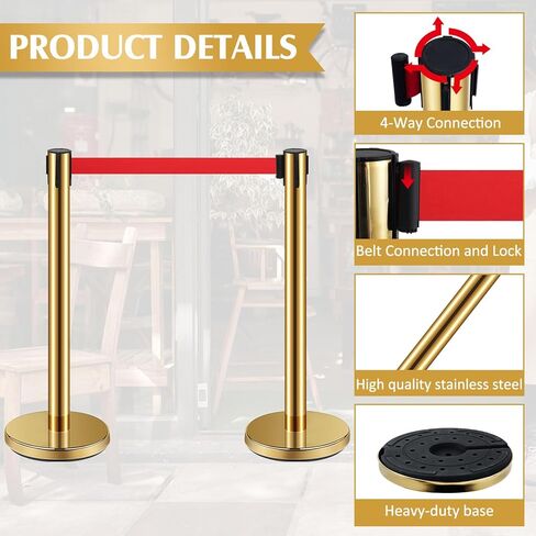 Ferraycle 4 Set Stainless Steel Stanchions with Retractable Belts Crowd Control Ropes and Poles Safety Crowd Control Barriers Queue Line Dividers for Crowds Gold Stanchion Post with Red 6.6 Ft Belt in Saudi Arabia