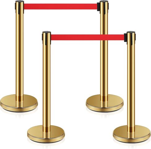 Ferraycle 4 Set Stainless Steel Stanchions with Retractable Belts Crowd Control Ropes and Poles Safety Crowd Control Barriers Queue Line Dividers for Crowds Gold Stanchion Post with Red 6.6 Ft Belt in Saudi Arabia