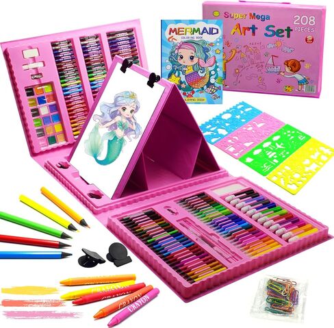 لوازم فنية للأطفال، 230 قطعة حافظة فنية للرسم للفتيات مع حامل ثلاثي الجوانب مزدوج، كتب تلوين وأقلام تلوين وأقلام رصاص ملونة، هدايا مواد رسم إبداعية للفنانين المبتدئين in Kuwait