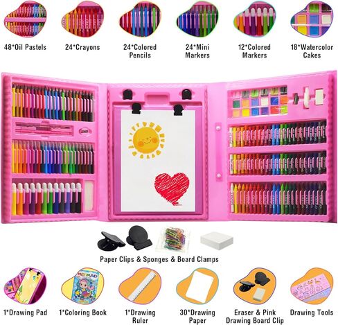 لوازم فنية للأطفال، 230 قطعة حافظة فنية للرسم للفتيات مع حامل ثلاثي الجوانب مزدوج، كتب تلوين وأقلام تلوين وأقلام رصاص ملونة، هدايا مواد رسم إبداعية للفنانين المبتدئين in Kuwait