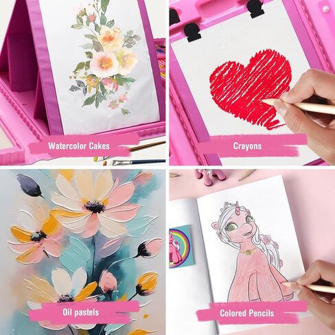 لوازم فنية للأطفال، 230 قطعة حافظة فنية للرسم للفتيات مع حامل ثلاثي الجوانب مزدوج، كتب تلوين وأقلام تلوين وأقلام رصاص ملونة، هدايا مواد رسم إبداعية للفنانين المبتدئين in Kuwait