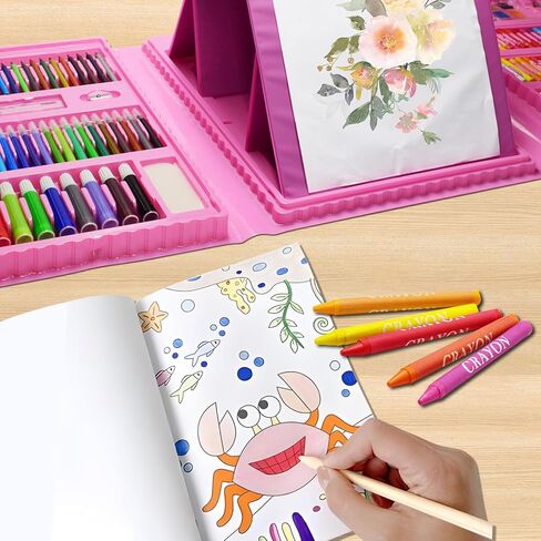 لوازم فنية للأطفال، 230 قطعة حافظة فنية للرسم للفتيات مع حامل ثلاثي الجوانب مزدوج، كتب تلوين وأقلام تلوين وأقلام رصاص ملونة، هدايا مواد رسم إبداعية للفنانين المبتدئين in Kuwait