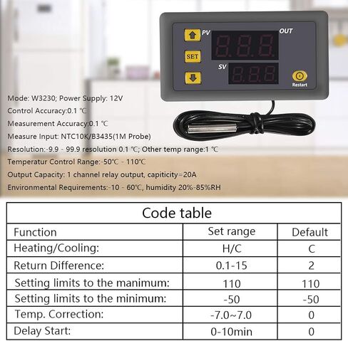 W3230 DC 12V 20A LED Digital Temperature Controller Thermostat Thermometer Temperature Control Switch Sensor Meter（DV12V）） in Saudi Arabia