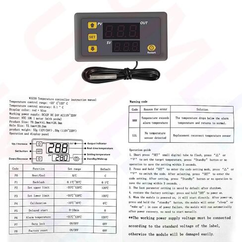 W3230 DC 12V 20A LED Digital Temperature Controller Thermostat Thermometer Temperature Control Switch Sensor Meter（DV12V）） in Saudi Arabia